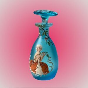 Antique vtg blue satin glass perfume bottle w/ handpainted woman married stopper